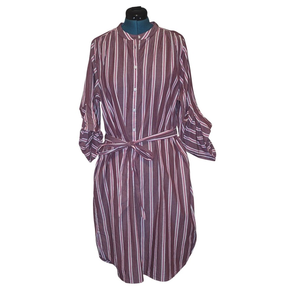 Lands End Red Pinstripe 3/4 Accordian Sleeve Button Up Midi Shirt Dress Sz 1X